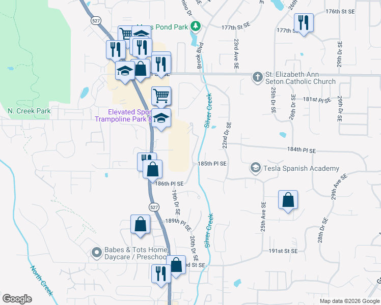 map of restaurants, bars, coffee shops, grocery stores, and more near 1805 186th Place Southeast in Bothell