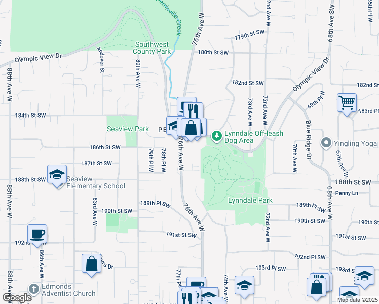 map of restaurants, bars, coffee shops, grocery stores, and more near 18605 76th Avenue West in Edmonds