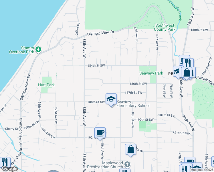 map of restaurants, bars, coffee shops, grocery stores, and more near 8510 186th Street Southwest in Edmonds