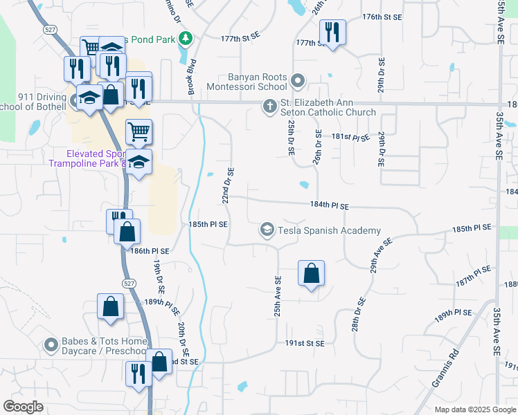 map of restaurants, bars, coffee shops, grocery stores, and more near 2314 184th Place Southeast in Bothell