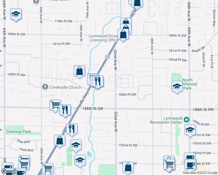 map of restaurants, bars, coffee shops, grocery stores, and more near 18524 52nd Avenue West in Lynnwood