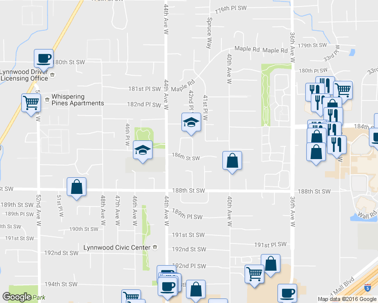 map of restaurants, bars, coffee shops, grocery stores, and more near 18516 42nd Place West in Lynnwood