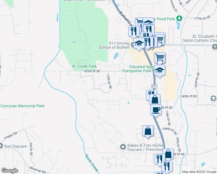 map of restaurants, bars, coffee shops, grocery stores, and more near 18426 12th Drive Southeast in Bothell