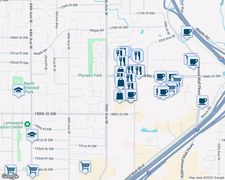 map of restaurants, bars, coffee shops, grocery stores, and more near in Lynnwood
