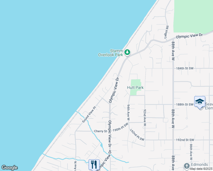 map of restaurants, bars, coffee shops, grocery stores, and more near 18604 Sound View Place in Edmonds