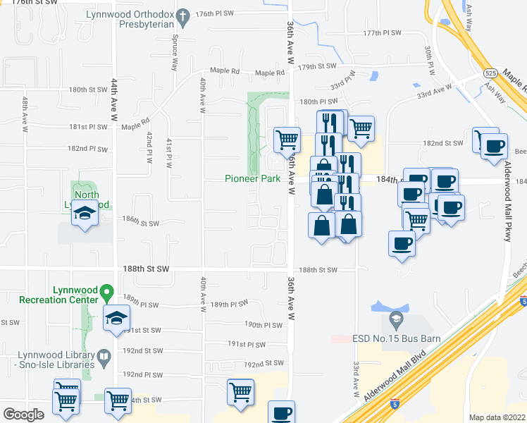 map of restaurants, bars, coffee shops, grocery stores, and more near 18512 36th Avenue West in Lynnwood