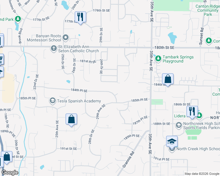 map of restaurants, bars, coffee shops, grocery stores, and more near 3019 184th Place Southeast in Bothell