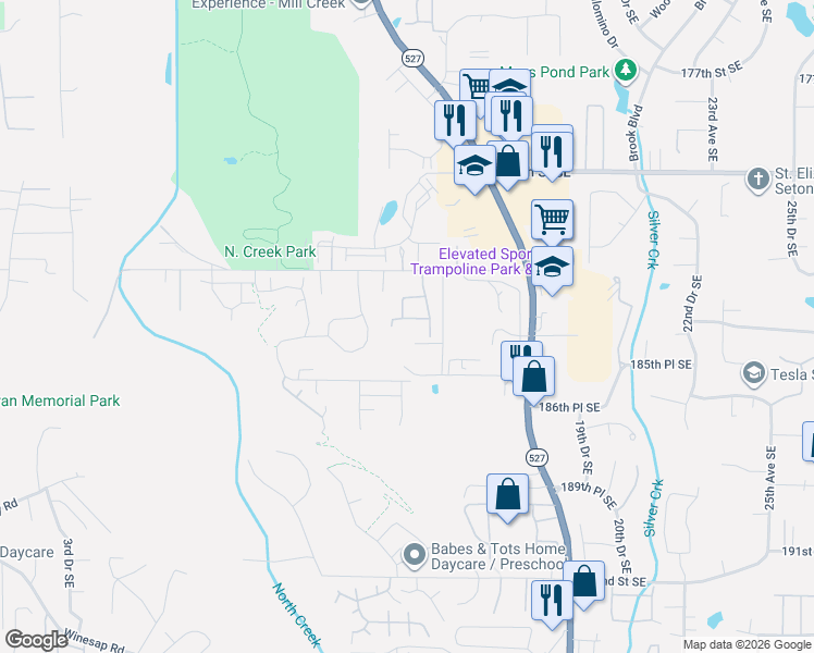 map of restaurants, bars, coffee shops, grocery stores, and more near 1500 183rd Street Southeast in Bothell