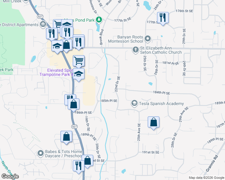 map of restaurants, bars, coffee shops, grocery stores, and more near 2213 185th Street Southeast in Bothell