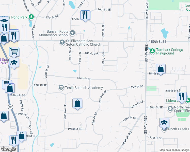 map of restaurants, bars, coffee shops, grocery stores, and more near 2821 184th Pl SE in Bothell