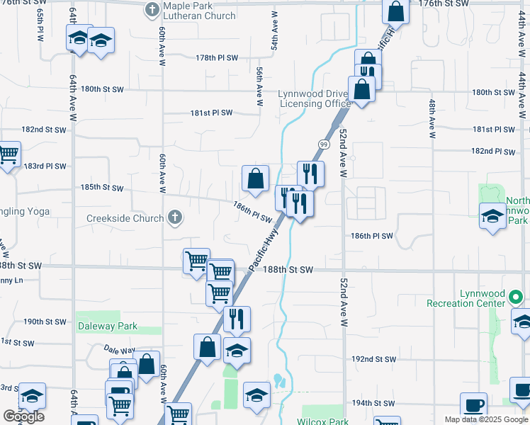 map of restaurants, bars, coffee shops, grocery stores, and more near 5513 186th Place Southwest in Lynnwood