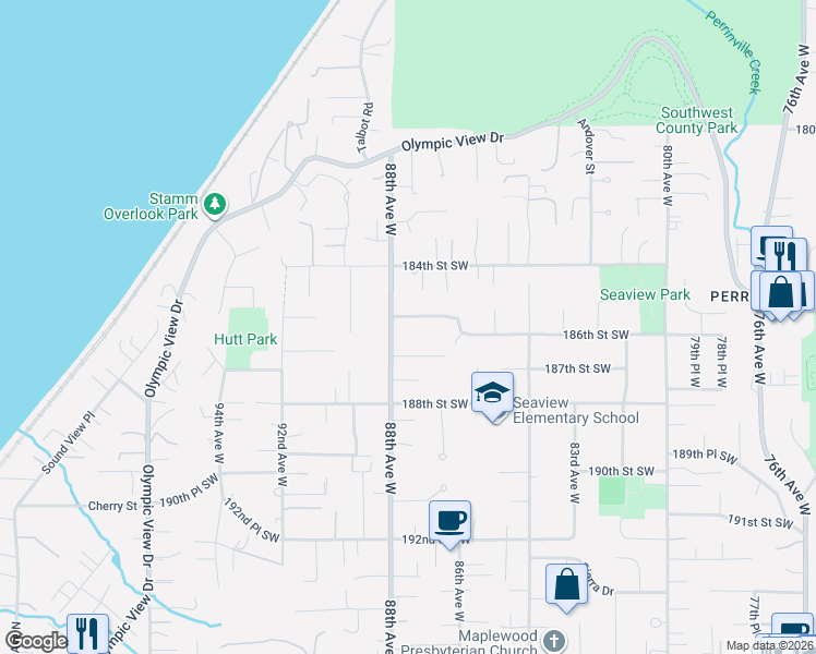 map of restaurants, bars, coffee shops, grocery stores, and more near 18605 88th Avenue West in Edmonds