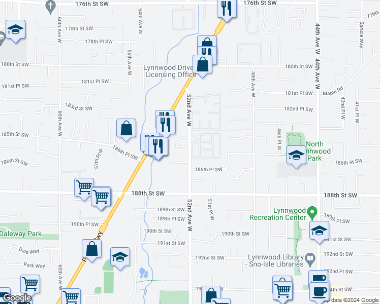map of restaurants, bars, coffee shops, grocery stores, and more near 18524 52nd Avenue West in Lynnwood