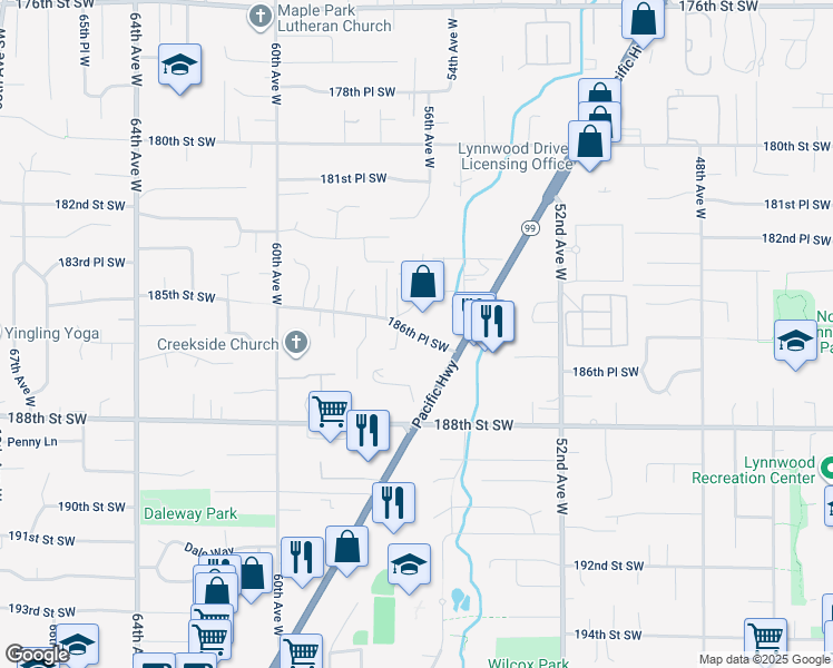 map of restaurants, bars, coffee shops, grocery stores, and more near 5513 186th Place Southwest in Lynnwood
