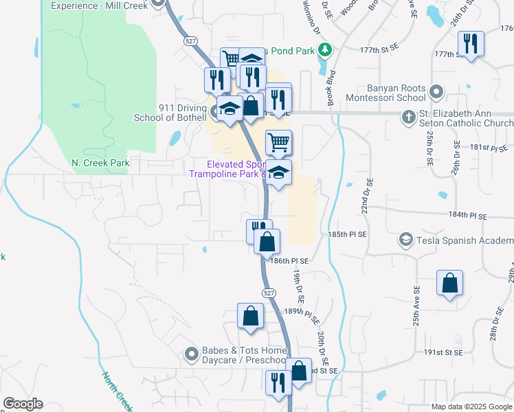 map of restaurants, bars, coffee shops, grocery stores, and more near 18416 Bothell Everett Highway in Bothell