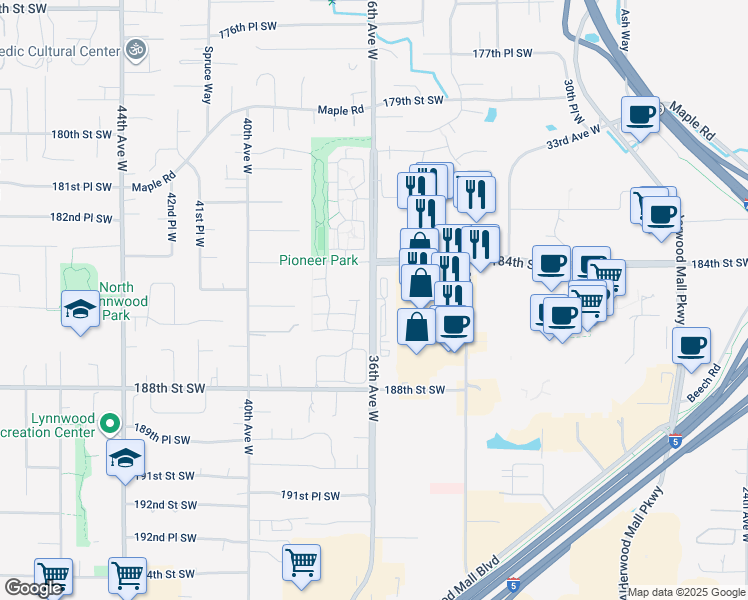 map of restaurants, bars, coffee shops, grocery stores, and more near in Lynnwood