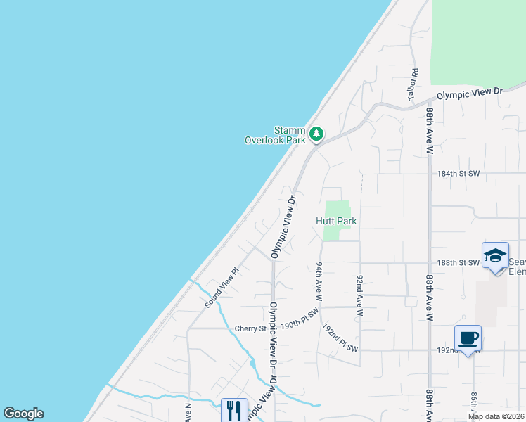 map of restaurants, bars, coffee shops, grocery stores, and more near 18604 Sound View Place in Edmonds