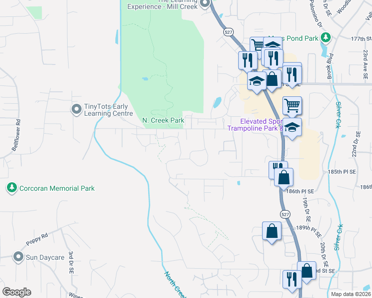 map of restaurants, bars, coffee shops, grocery stores, and more near 1120 184th Place Southeast in Bothell