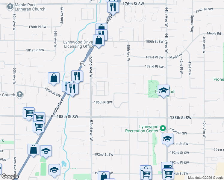 map of restaurants, bars, coffee shops, grocery stores, and more near 18520 49th Place West in Lynnwood