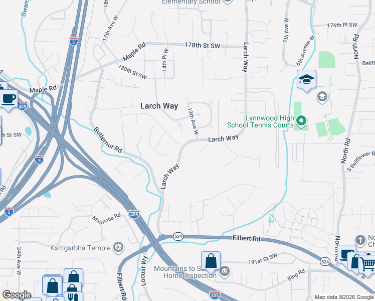 map of restaurants, bars, coffee shops, grocery stores, and more near 18421 Larch Way in Lynnwood