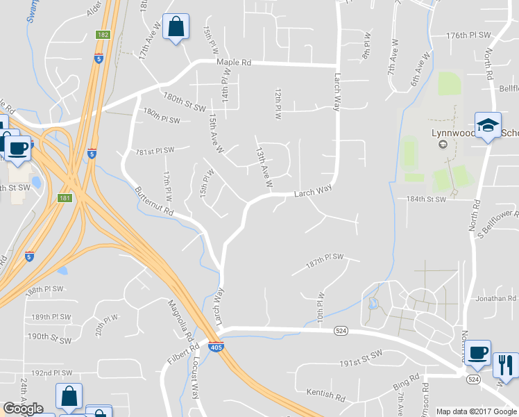 map of restaurants, bars, coffee shops, grocery stores, and more near 18421 Larch Way in Lynnwood