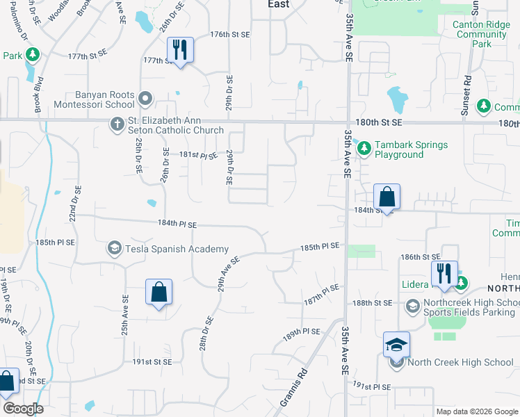 map of restaurants, bars, coffee shops, grocery stores, and more near 3019 184th Place Southeast in Bothell