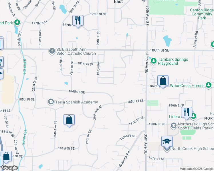 map of restaurants, bars, coffee shops, grocery stores, and more near 3019 184th Place Southeast in Bothell