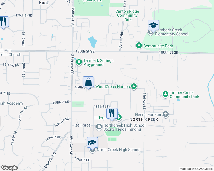 map of restaurants, bars, coffee shops, grocery stores, and more near 3825 184th Place Southeast in Bothell