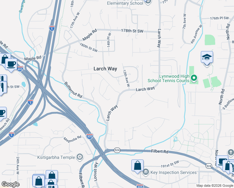 map of restaurants, bars, coffee shops, grocery stores, and more near 18431 Larch Way in Lynnwood