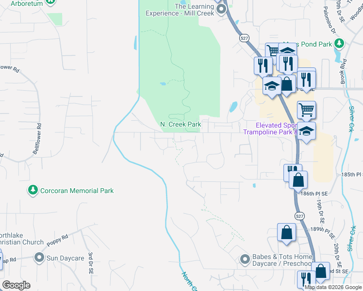 map of restaurants, bars, coffee shops, grocery stores, and more near 919 183rd Place Southeast in Mill Creek