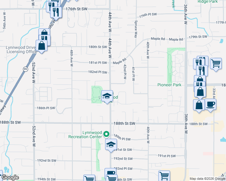 map of restaurants, bars, coffee shops, grocery stores, and more near 4320 184th Street Southwest in Lynnwood