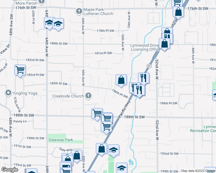 map of restaurants, bars, coffee shops, grocery stores, and more near 18332 Hurst Road in Lynnwood