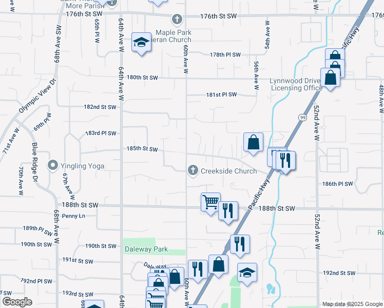 map of restaurants, bars, coffee shops, grocery stores, and more near 18402 60th Avenue West in Lynnwood