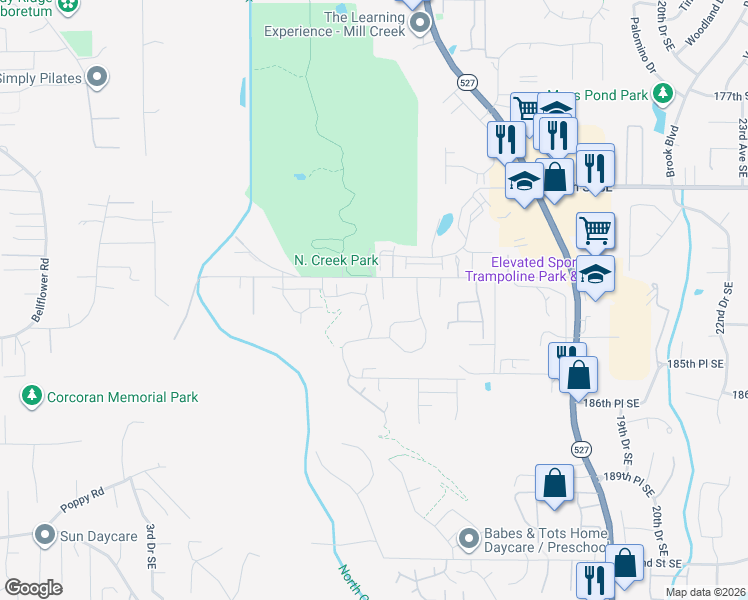 map of restaurants, bars, coffee shops, grocery stores, and more near 1112 183rd Street Southeast in Bothell