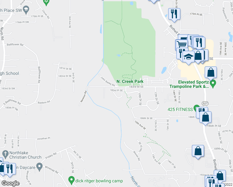 map of restaurants, bars, coffee shops, grocery stores, and more near 18317 8th Avenue Southeast in Bothell