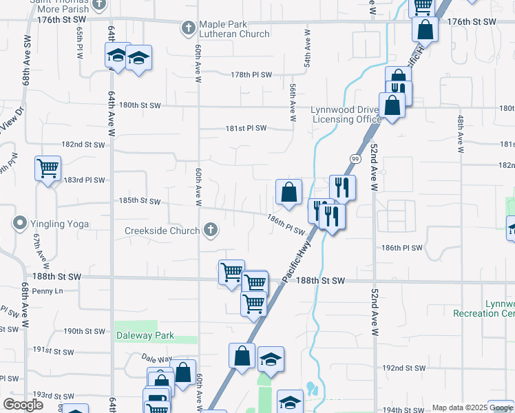 map of restaurants, bars, coffee shops, grocery stores, and more near 18332 Hurst Road in Lynnwood