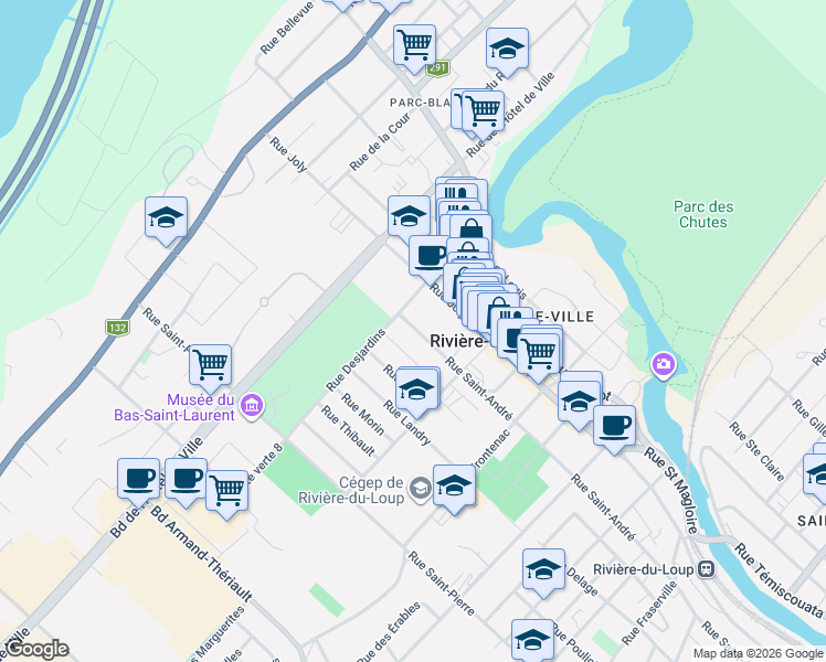 map of restaurants, bars, coffee shops, grocery stores, and more near 34 Rue Saint-André in Rivière-du-Loup