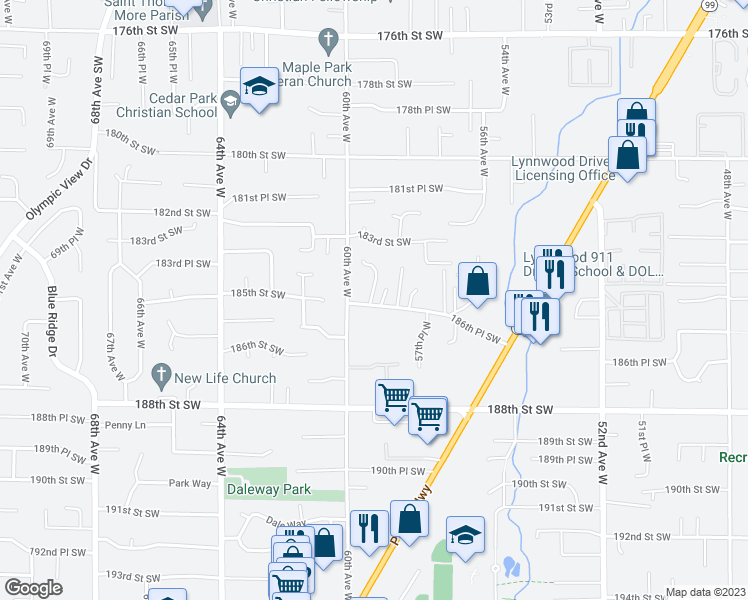 map of restaurants, bars, coffee shops, grocery stores, and more near 5825 186th Place Southwest in Lynnwood