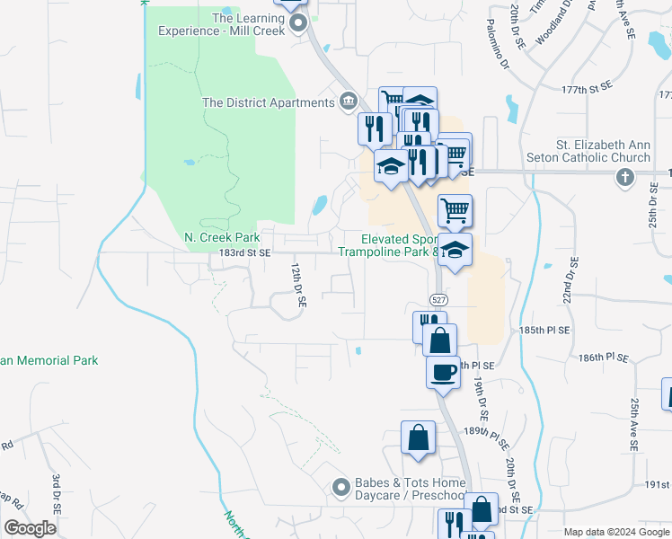 map of restaurants, bars, coffee shops, grocery stores, and more near 18406 13th Drive Southeast in Bothell