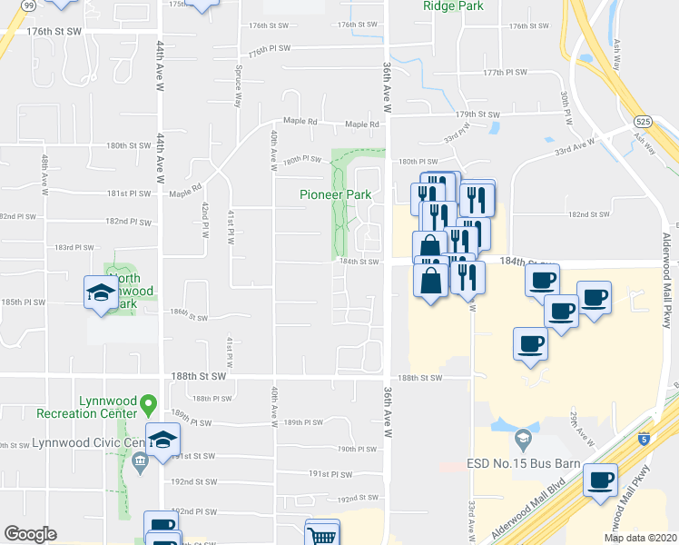map of restaurants, bars, coffee shops, grocery stores, and more near 18410 36th Avenue West in Lynnwood
