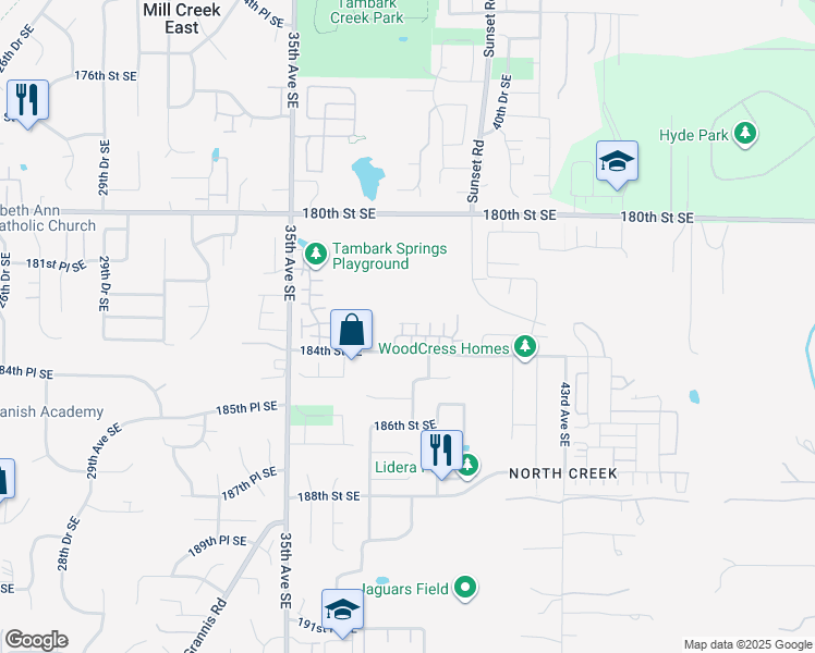 map of restaurants, bars, coffee shops, grocery stores, and more near 18308 38th Drive Southeast in Bothell