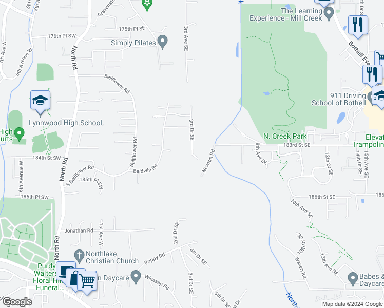 map of restaurants, bars, coffee shops, grocery stores, and more near 18304 3rd Drive Southeast in Bothell