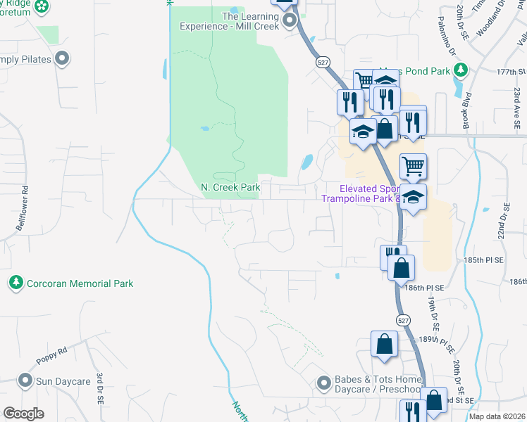 map of restaurants, bars, coffee shops, grocery stores, and more near 1112 183rd Street Southeast in Bothell