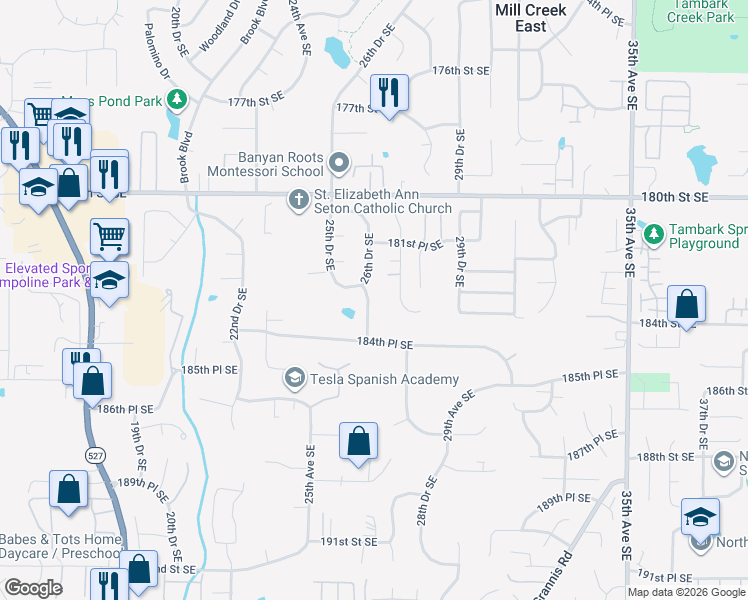 map of restaurants, bars, coffee shops, grocery stores, and more near 18220 26th Drive Southeast in Bothell