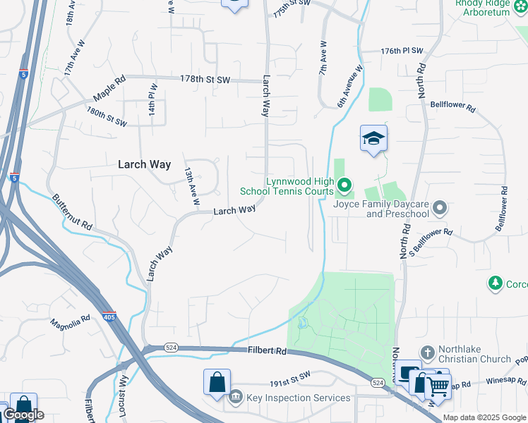 map of restaurants, bars, coffee shops, grocery stores, and more near 18310 Larch Way in Lynnwood