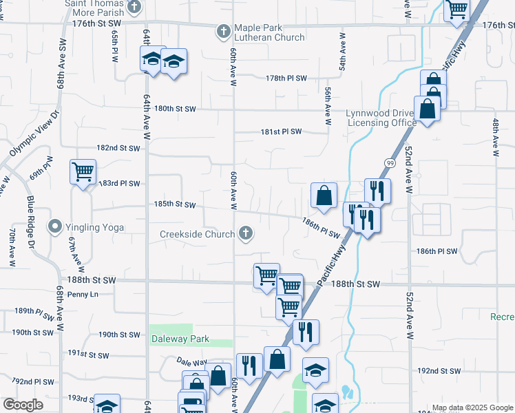 map of restaurants, bars, coffee shops, grocery stores, and more near 5825 186th Place Southwest in Lynnwood
