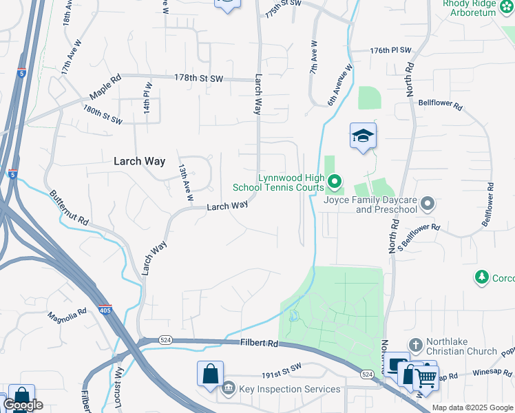 map of restaurants, bars, coffee shops, grocery stores, and more near 18310 Larch Way in Lynnwood
