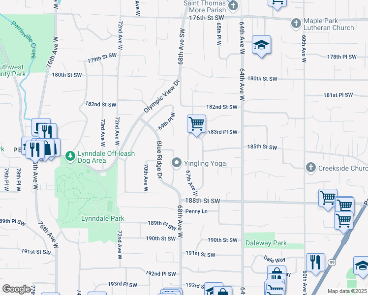 map of restaurants, bars, coffee shops, grocery stores, and more near 18410 67th Avenue West in Lynnwood