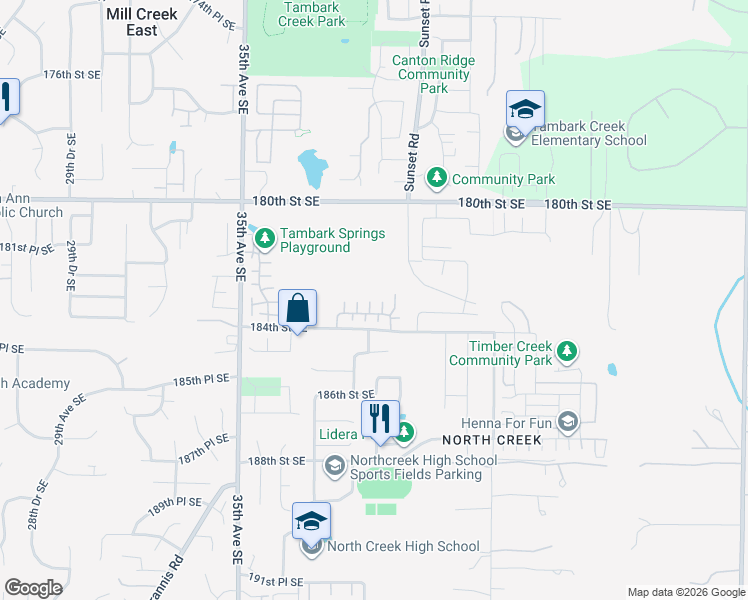 map of restaurants, bars, coffee shops, grocery stores, and more near 18306 40th Avenue Southeast in Bothell