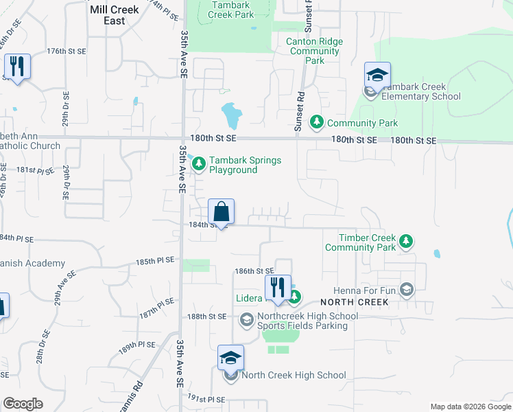 map of restaurants, bars, coffee shops, grocery stores, and more near 18308 38th Drive Southeast in Bothell